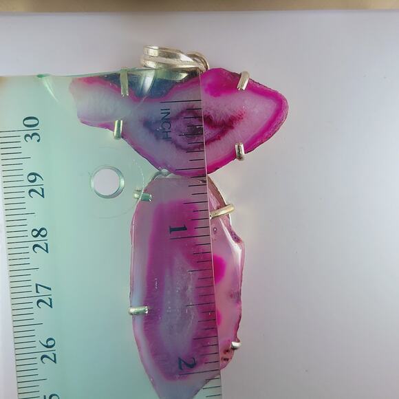 Pink Agate Geode Slice Sterling Silver Pendant 2.5" Eye Pattern Drop - Picture 3 of 10